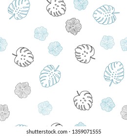 Light BLUE vector seamless abstract background with flowers, leaves. Colorful illustration in doodle style with leaves, flowers. Pattern for design of fabric, wallpapers.