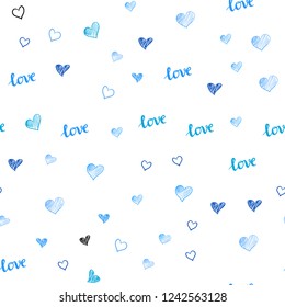 Light BLUE vector seamless backdrop with phrase LOVE YOU, hearts. Illustration with words of love, hearts in abstract style. Design for wallpaper, fabric makers.