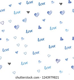 Light BLUE vector seamless backdrop with phrase LOVE YOU, hearts. Romantic illustration with colorful phrase LOVE YOU, hearts. Pattern for design of fabric, wallpapers.