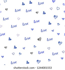 Light BLUE vector seamless backdrop with phrase LOVE YOU, hearts. Romantic illustration with colorful phrase LOVE YOU, hearts. Pattern for design of fabric, wallpapers.