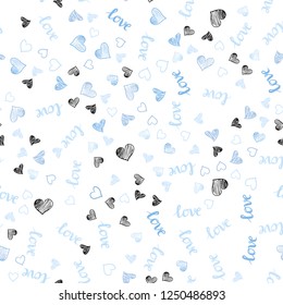 Light BLUE vector seamless backdrop with phrase LOVE YOU, hearts. Design in doodle style with text LOVE YOU, hearts. Design for wallpaper, fabric makers.