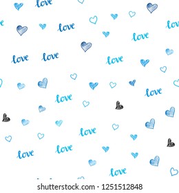 Light BLUE vector seamless backdrop with phrase LOVE YOU, hearts. Illustration with words of love, hearts in abstract style. Texture for window blinds, curtains.