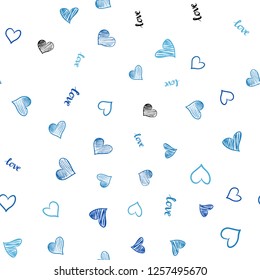 Light BLUE vector seamless backdrop with phrase LOVE YOU, hearts. Design in doodle style with text LOVE YOU, hearts. Texture for window blinds, curtains.