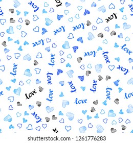 Light BLUE vector seamless backdrop with phrase LOVE YOU, hearts. Illustration with words of love, hearts in abstract style. Texture for window blinds, curtains.