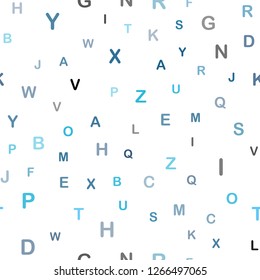 Light BLUE vector seamless backdrop with english symbols. Blurred design in simple style with signs of alphabet. Texture for window blinds, curtains.