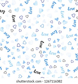 Light BLUE vector seamless backdrop with phrase LOVE YOU, hearts. Design in doodle style with text LOVE YOU, hearts. Texture for window blinds, curtains.