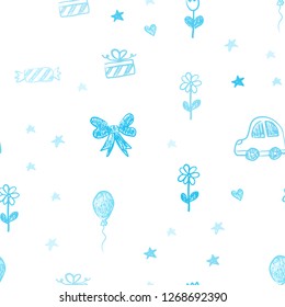 Light BLUE vector seamless backdrop with holiday gifts. Abstract illustration with a toy car, heart, baloon, tulip, candy, ball. Design for holiday adverts.