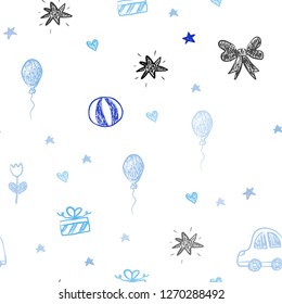 Light BLUE vector seamless backdrop with holiday gifts. Illustration with a colorful toy car, heart, baloon, tulip, candy, ball. Pattern for carnival, festival ads.