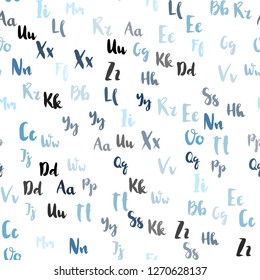 Light BLUE vector seamless backdrop with english symbols. Blurred design in simple style with signs of alphabet. Texture for window blinds, curtains.