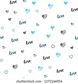Light BLUE vector seamless backdrop with phrase LOVE YOU, hearts. Romantic illustration with colorful phrase LOVE YOU, hearts. Texture for window blinds, curtains.