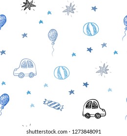 Light BLUE vector seamless backdrop in holiday style. Illustration with a gradient toy car, baloon, candy, star, ball. Template for new year postcards.