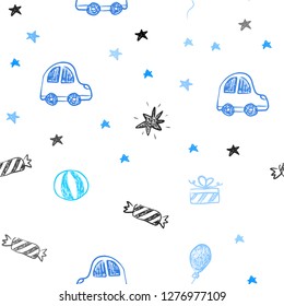 Light BLUE vector seamless backdrop in holiday style. Abstract illustration with a toy car, baloon, candy, star, ball. Pattern for birthday gifts.