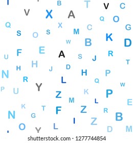 Light BLUE vector seamless backdrop with english symbols. Colored alphabet signs with gradient on white background. Pattern for design of fabric, wallpapers.