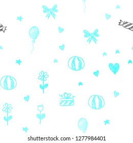Light BLUE vector seamless backdrop in holiday style. Abstract illustration with aheart, baloon, candy, gift, star, ribbon. Design for colorful commercials.