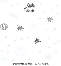 Light BLUE vector seamless backdrop in holiday style. Illustration with a gradient toy car, baloon, candy, star, ball. Pattern for birthday gifts.