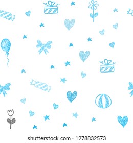 Light BLUE vector seamless backdrop in holiday style. Illustration with a gradientheart, baloon, candy, gift, star, ribbon. Design for colorful commercials.