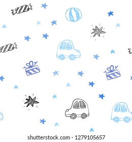 Light BLUE vector seamless backdrop in holiday style. Shining illustration with a toy car, baloon, candy, star, ball. Template for new year postcards.