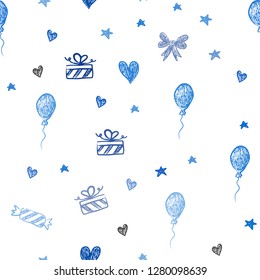Light BLUE vector seamless backdrop in holiday style. Illustration with a colorfulheart, baloon, candy, gift, star, ribbon. Template for new year postcards.