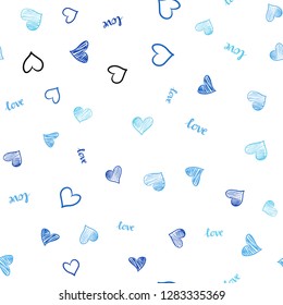 Light BLUE vector seamless backdrop with phrase LOVE YOU, hearts. Romantic illustration with colorful phrase LOVE YOU, hearts. Design for textile, fabric, wallpapers.