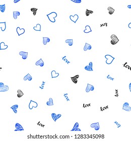 Light BLUE vector seamless backdrop with phrase LOVE YOU, hearts. Design in doodle style with text LOVE YOU, hearts. Design for textile, fabric, wallpapers.