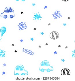 Light BLUE vector seamless backdrop in holiday style. Illustration with a colorful toy car, baloon, candy, star, ball. Design for holiday adverts.