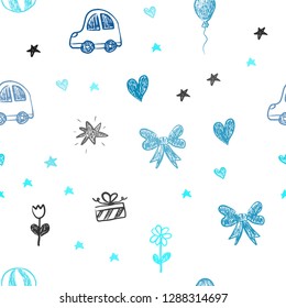Light BLUE vector seamless backdrop with holiday gifts. Design in xmas style with a toy car, heart, baloon, tulip, candy, ball. Template for new year postcards.