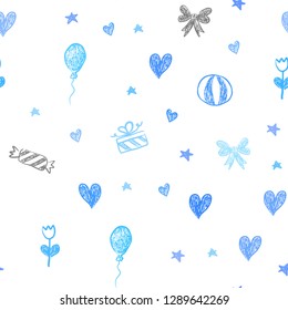 Light BLUE vector seamless backdrop in holiday style. Illustration with a colorfulheart, baloon, candy, gift, star, ribbon. Template for new year postcards.