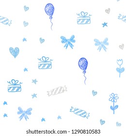 Light BLUE vector seamless backdrop in holiday style. Shining illustration with aheart, baloon, candy, gift, star, ribbon. Design for colorful commercials.