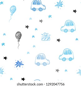 Light BLUE vector seamless backdrop in holiday style. Illustration with a colorful toy car, baloon, candy, star, ball. Pattern for birthday gifts.