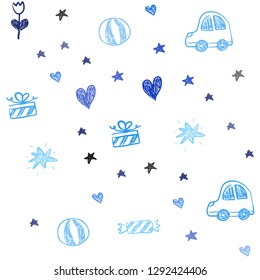 Light BLUE vector seamless backdrop with holiday gifts. Colorful illustration with a toy car, heart, baloon, tulip, candy, ball. Pattern for birthday gifts.