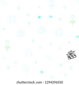 Light BLUE vector seamless backdrop in holiday style. Illustration with a colorfulheart, baloon, candy, gift, star, ribbon. Pattern for carnival, festival ads.