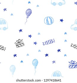 Light BLUE vector seamless backdrop in holiday style. Illustration with a colorful toy car, baloon, candy, star, ball. Design for colorful commercials.