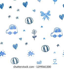 Light BLUE vector seamless backdrop with holiday gifts. Design in xmas style with a toy car, heart, baloon, tulip, candy, ball. Design for colorful commercials.