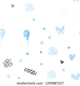 Light BLUE vector seamless backdrop in holiday style. Colorful illustration with aheart, baloon, candy, gift, star, ribbon. Template for new year postcards.