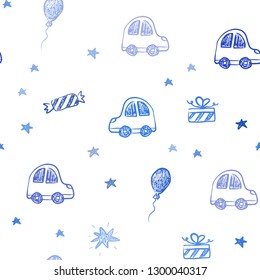Light BLUE vector seamless backdrop in holiday style. Shining illustration with a toy car, baloon, candy, star, ball. Design for holiday adverts.