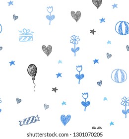 Light BLUE vector seamless backdrop in holiday style. Abstract illustration with aheart, baloon, candy, gift, star, ribbon. Pattern for carnival, festival ads.
