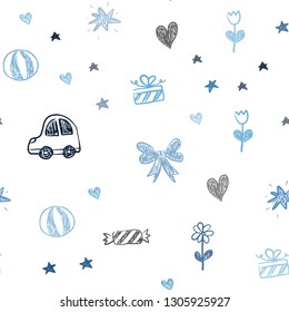 Light BLUE vector seamless backdrop with holiday gifts. Design in xmas style with a toy car, heart, baloon, tulip, candy, ball. Design for colorful commercials.
