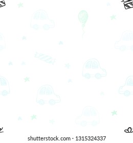 Light BLUE vector seamless backdrop in holiday style. Shining illustration with a toy car, baloon, candy, star, ball. Pattern for carnival, festival ads.