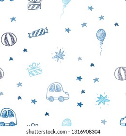 Light BLUE vector seamless backdrop in holiday style. Illustration with a colorful toy car, baloon, candy, star, ball. Pattern for birthday gifts.
