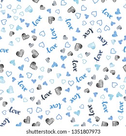 Light BLUE vector seamless backdrop with phrase LOVE YOU, hearts. Design in doodle style with text LOVE YOU, hearts. Design for wallpaper, fabric makers.