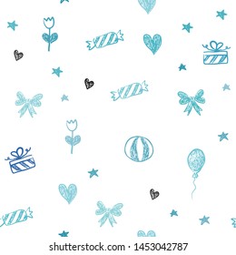 Light BLUE vector seamless backdrop in holiday style. Illustration with a colorfulheart, baloon, candy, gift, star, ribbon. Pattern for carnival, festival ads.