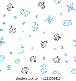 Light BLUE vector seamless background with tasty food. Illustration with set of fresh food in doodle style. Pattern for menu of cafes, bars, restaurants.