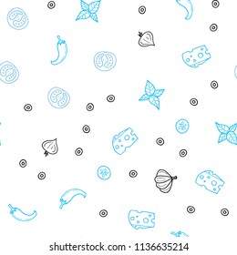 Light BLUE vector seamless background with tasty food. Beautiful colored illustration with food in doodle style. Pattern for menu of cafes, bars, restaurants.