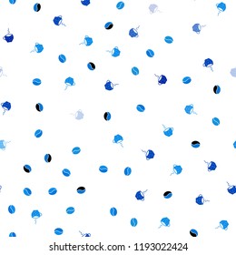 Light BLUE vector seamless background with coffee, beans. Glitter abstract backdrop with gradient mugs, coffee grains. Doodle design for your business advert of cafes.