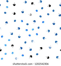 Light BLUE vector seamless background with coffee, beans. Glitter abstract backdrop with gradient mugs, coffee grains. Doodle design for your business advert of cafes.