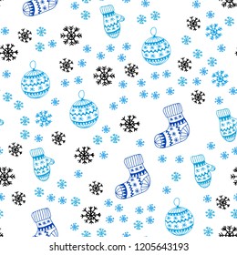 Light BLUE vector seamless background with xmas snowflakes, balls, socks, mittens. Colorful decorative design in xmas style. Design for wallpaper, fabric makers.