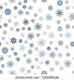 Light BLUE vector seamless background with xmas snowflakes. Snow on blurred abstract background with gradient. Pattern for trendy fabric, wallpapers.