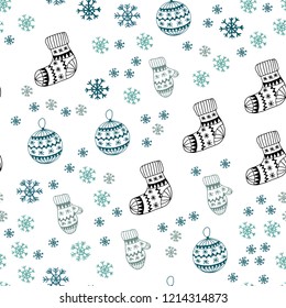 Light BLUE vector seamless background with xmas snowflakes, balls, socks, mittens. Shining colorful illustration in christmas style. Design for wallpaper, fabric makers.