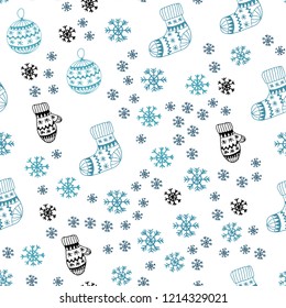 Light BLUE vector seamless background with xmas snowflakes, balls, socks, mittens. Glitter abstract illustration with gradient. Texture for window blinds, curtains.