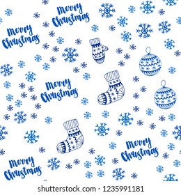 Light BLUE vector seamless background with xmas snowflakes, balls, socks, mittens. Colorful decorative design in xmas style. Pattern for trendy fabric, wallpapers.